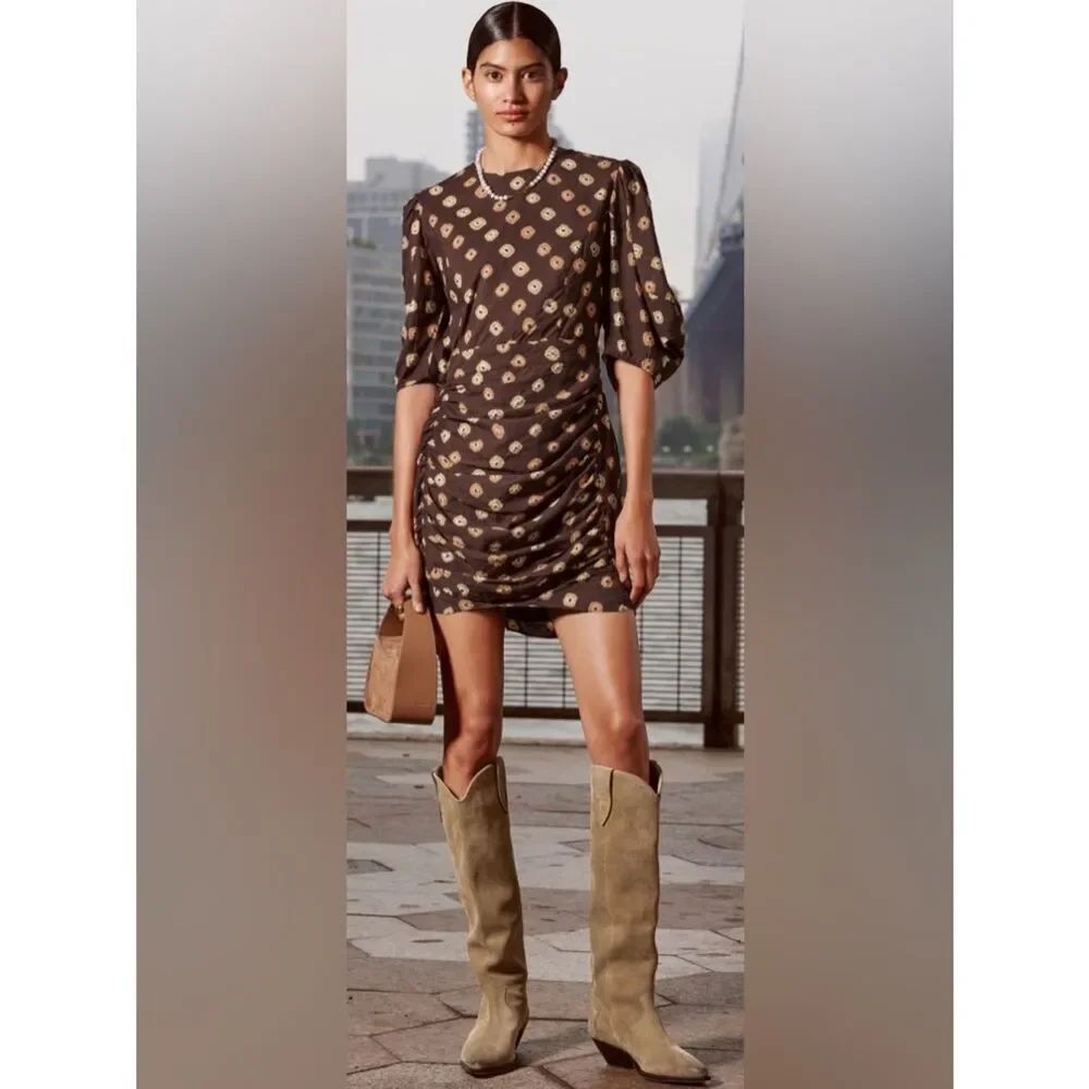 RHODE Brown Mini Dress with Cream Floral Motif, US12